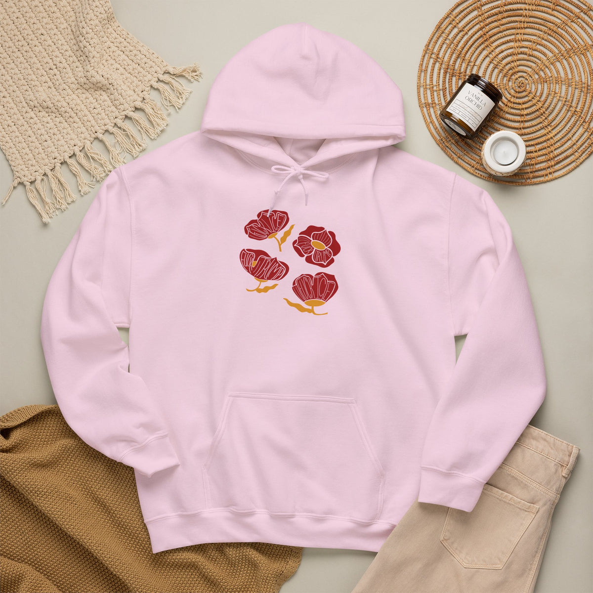 Slightly Subtle Red Poppy Flowers Hoodie | Floral Illustration, Minimal Line Art FDT