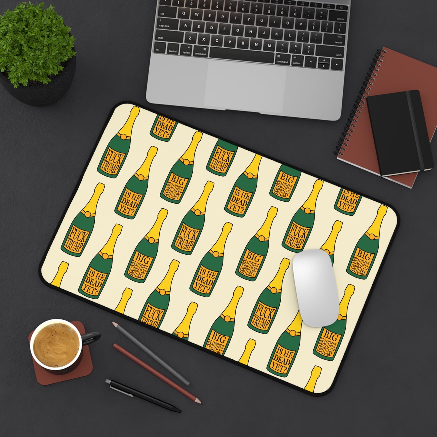 Slightly Subtle Champagne Bottle Pattern Desk Mat | Funny Champagne Pet Food Mat
