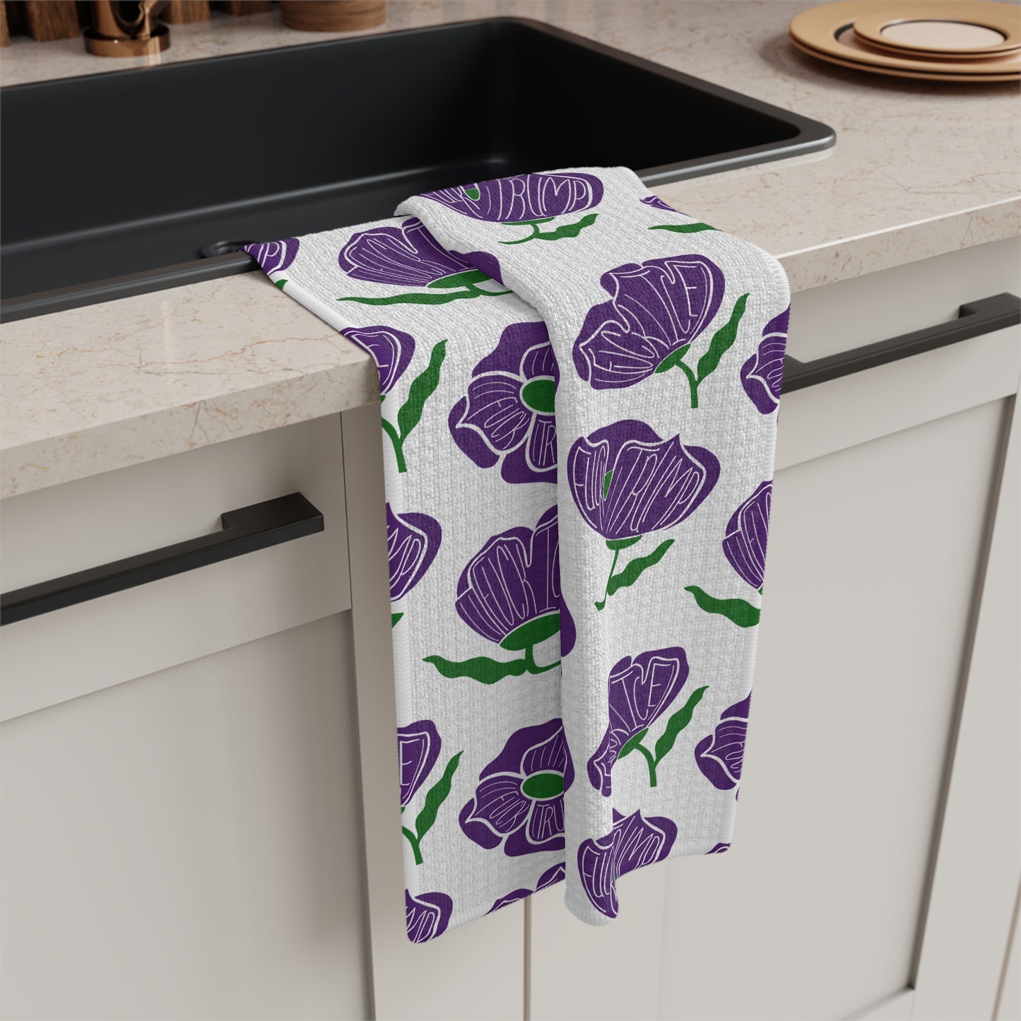 Slightly Subtle Purple Poppy Pattern Microfiber Tea Towel | Floral Kitchen Linen