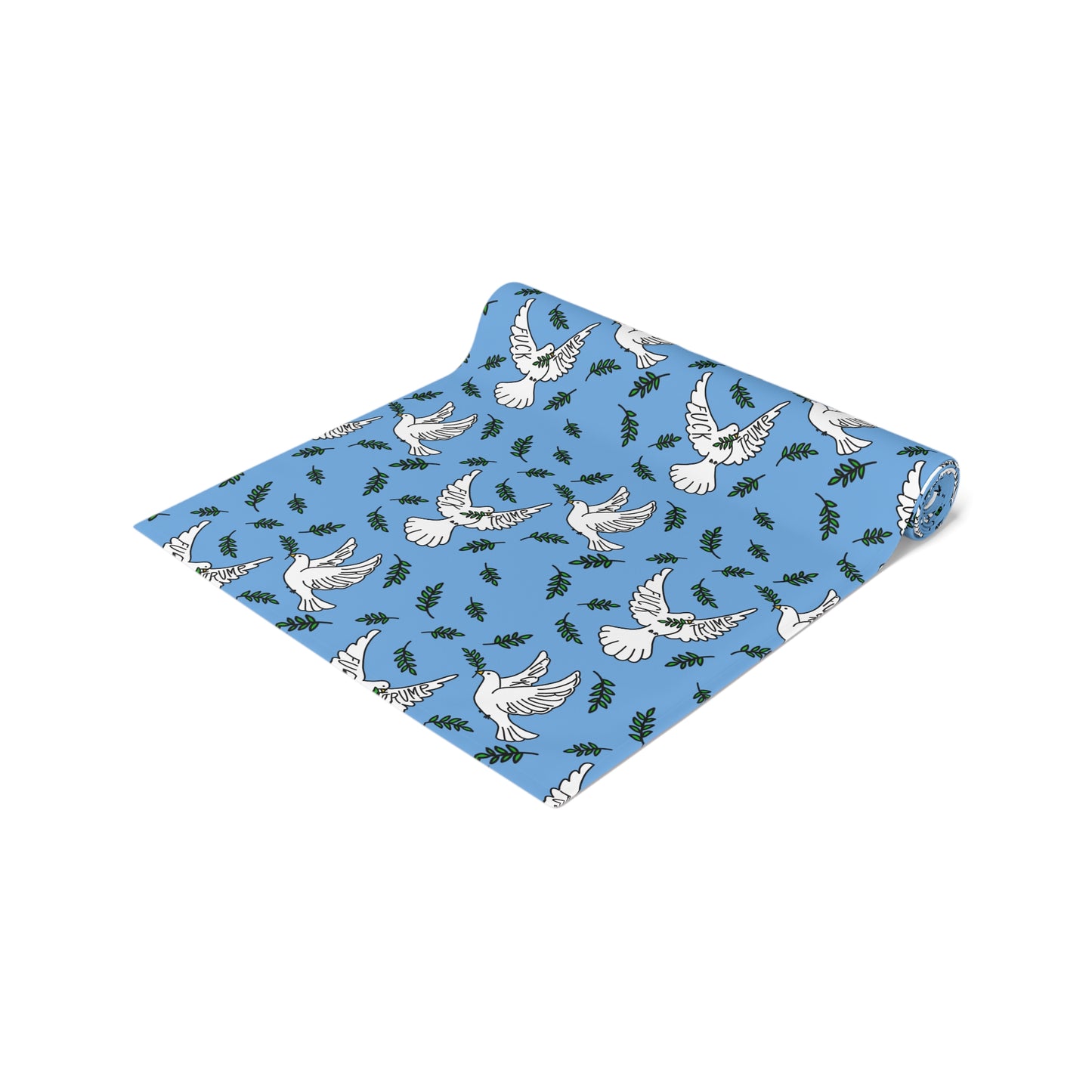 Slightly Subtle White Dove Pattern Table Runner | Blue Olive Branches