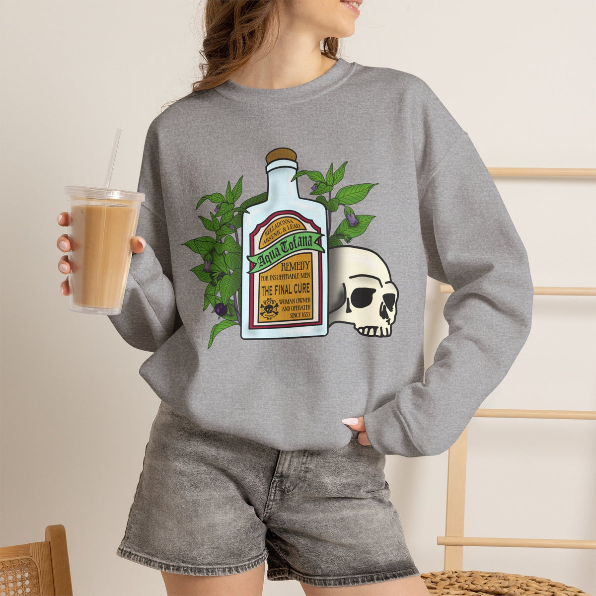 Crewneck Sweatshirt Aqua Tofana Apothecary Bottle & Skull Graphic