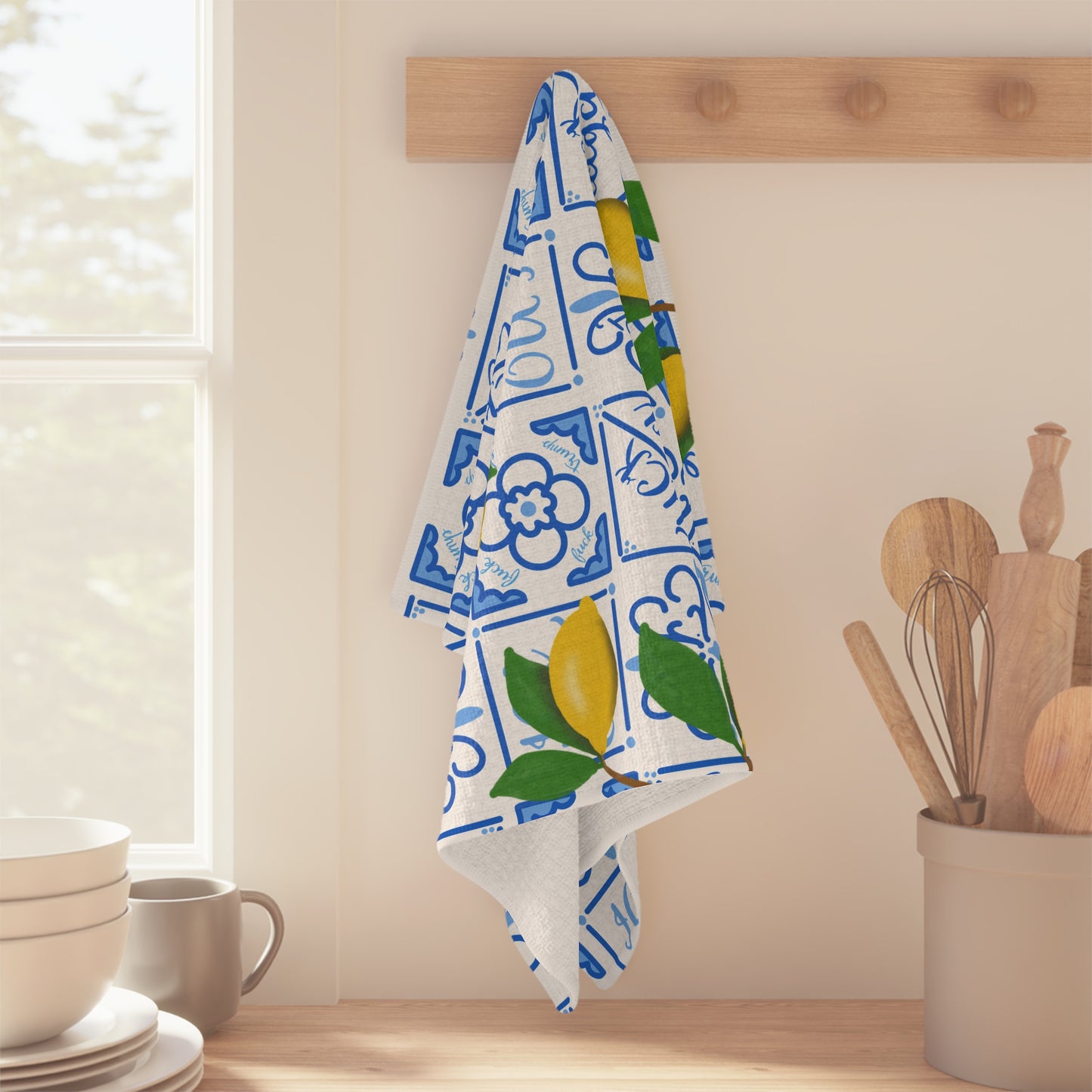 Slightly Subtle Amalfi Lemons on Blue Tile Microfiber Tea Towel | Mediterranean Lemon Kitchen Towel