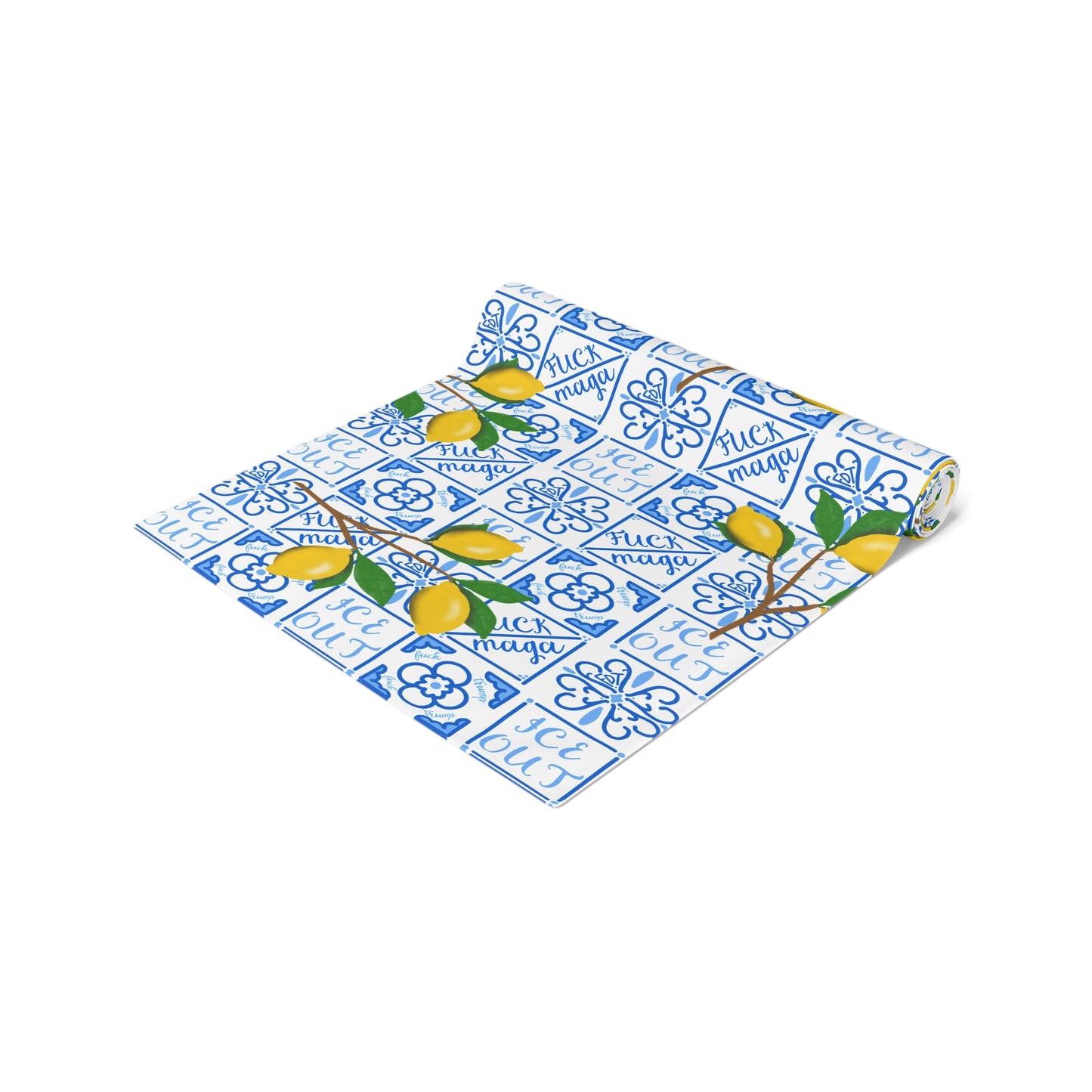 Amalfi Lemon and Blue Tile Pattern Table Runner | Mediterranean Ceramic Blue Motif, Cotton-Poly Blend