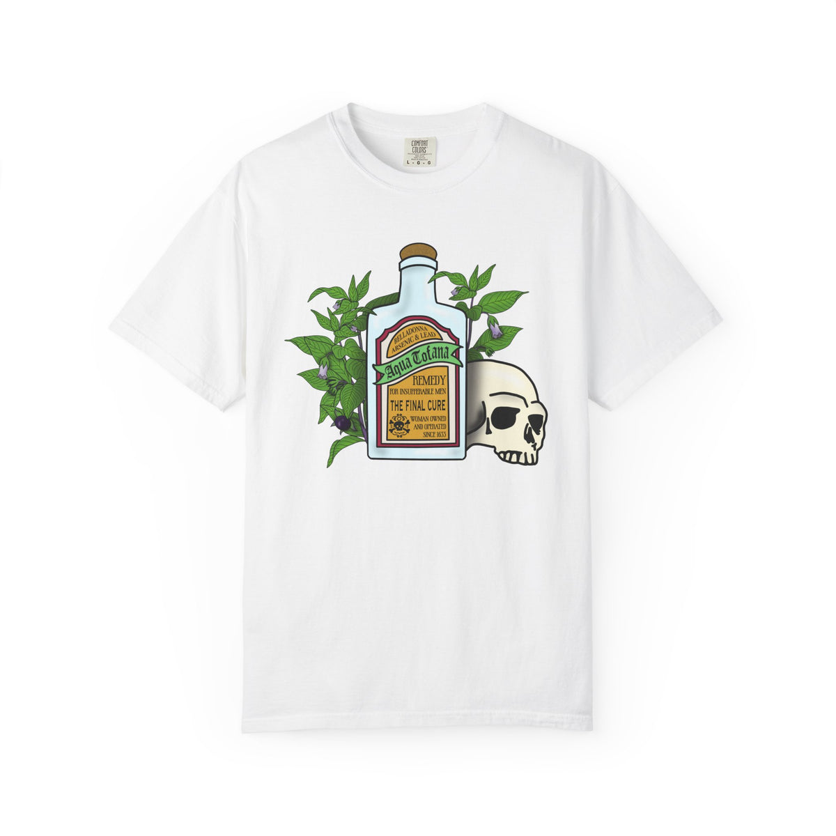 Skull & Remedy Bottle T-Shirt Aqua Tofana Vintage Apothecary Graphic Tee