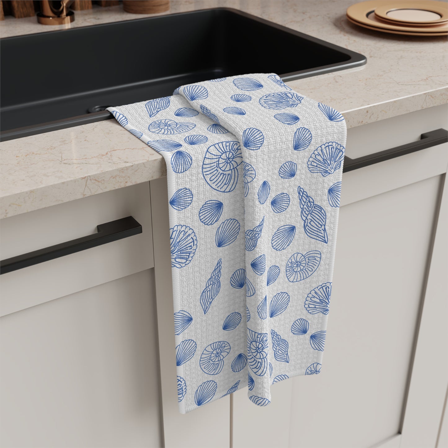 Slightly Subtle Seashell Pattern Microfiber Tea Towel | Coastal Kitchen Print FDT