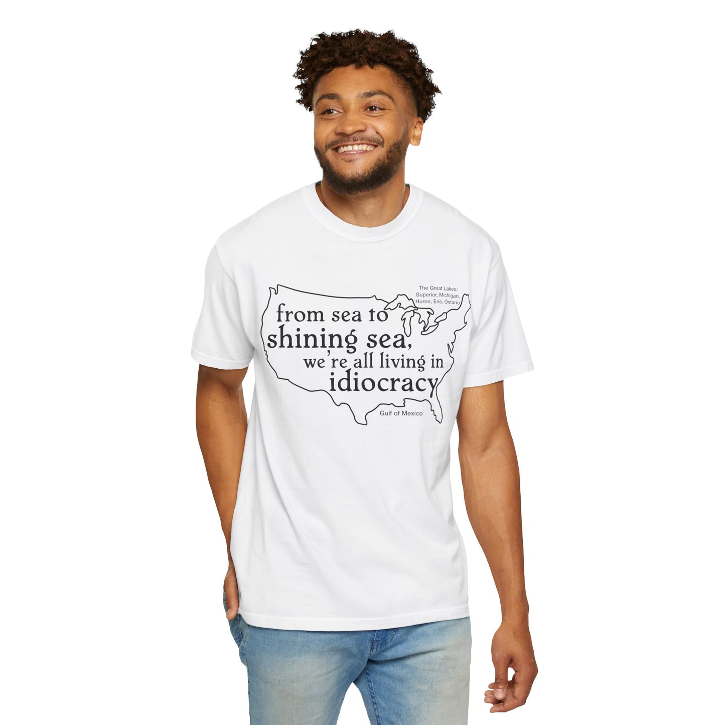 Idiocracy Map T-Shirt  'From sea to shining sea we are living in idiocracy' Minimal Political Tee Great Lakes Gulf of Mexico