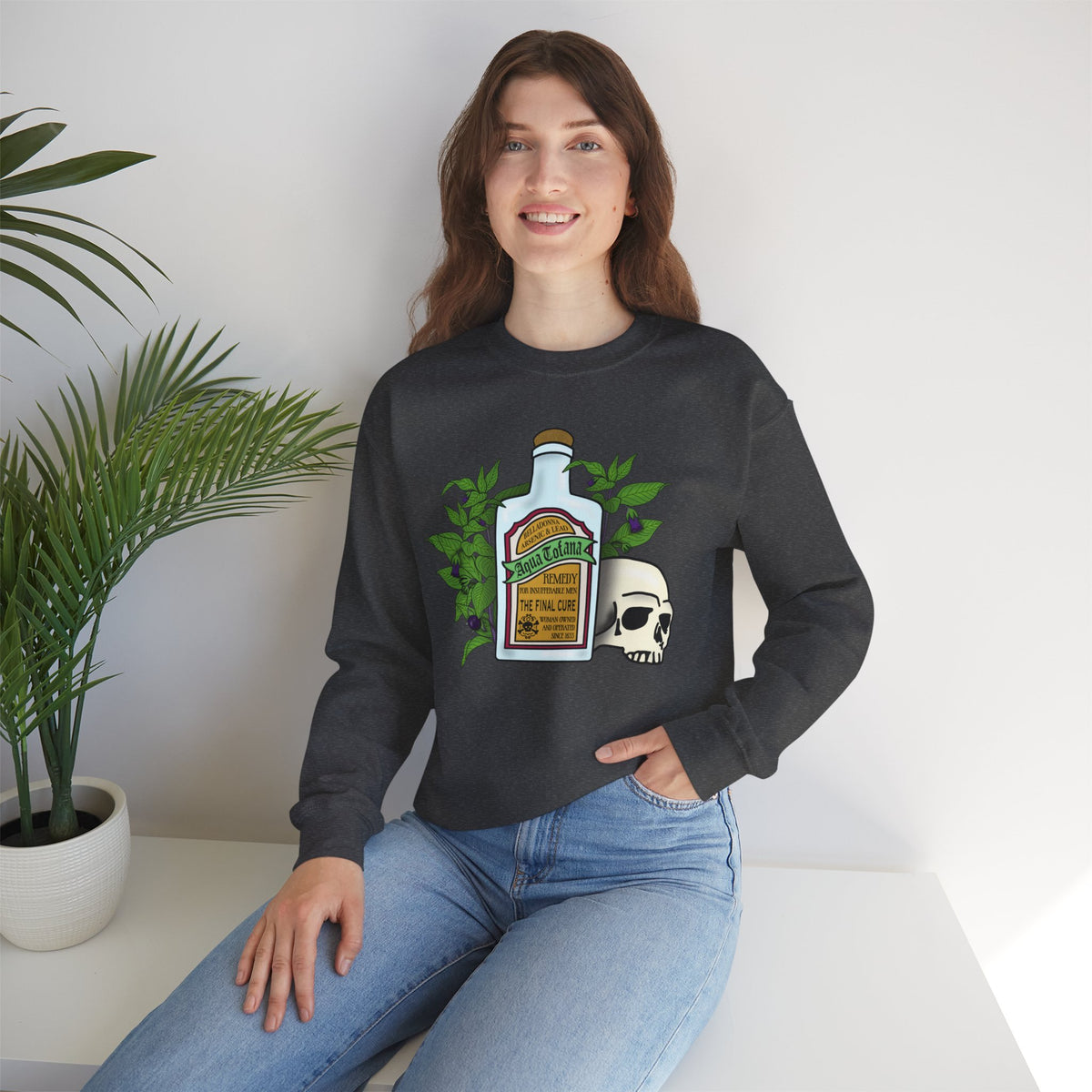 Crewneck Sweatshirt Aqua Tofana Apothecary Bottle & Skull Graphic
