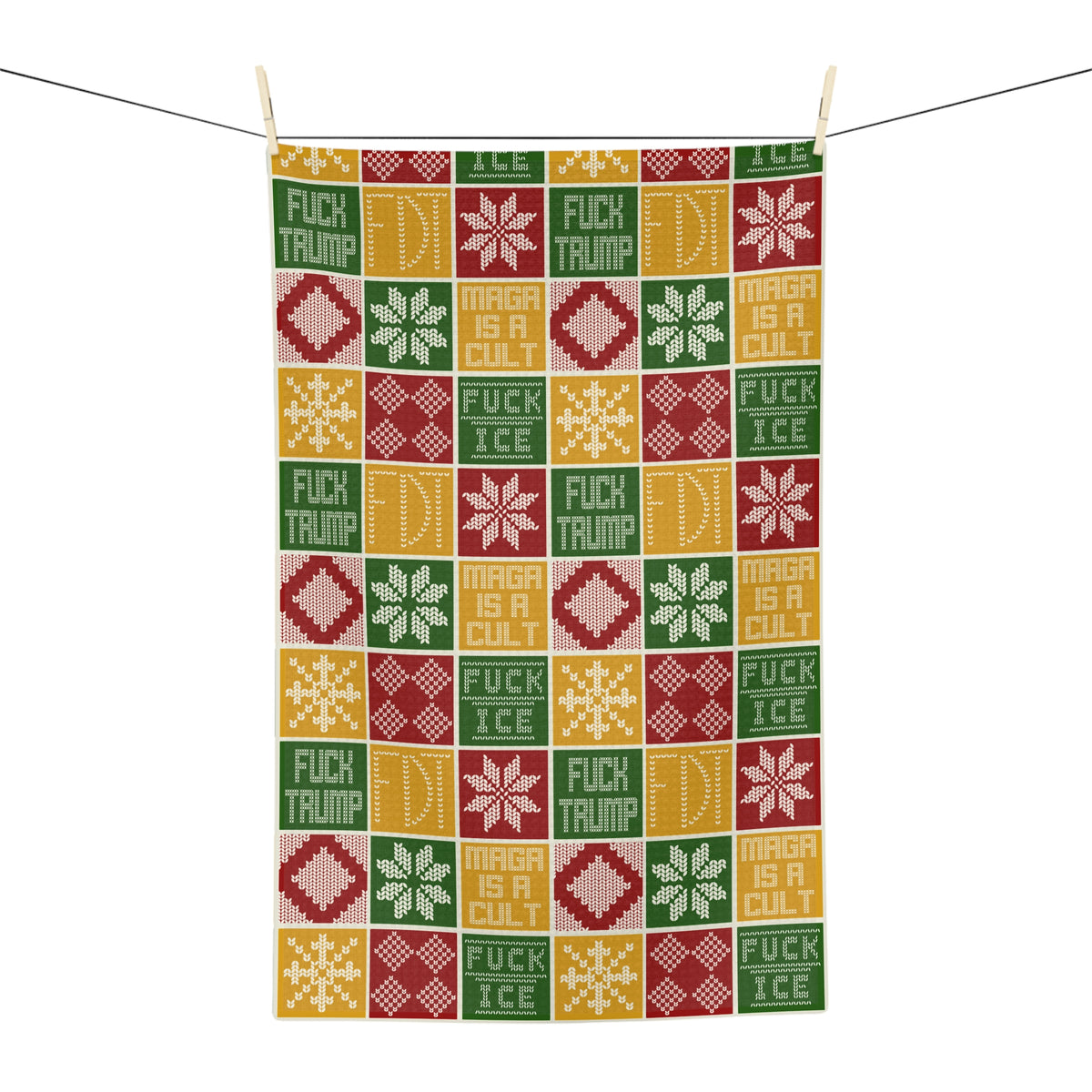 Political Holiday Tea Towel  Festive Knit Pattern with ‘MAGA Is a Cult’ FDT ice out