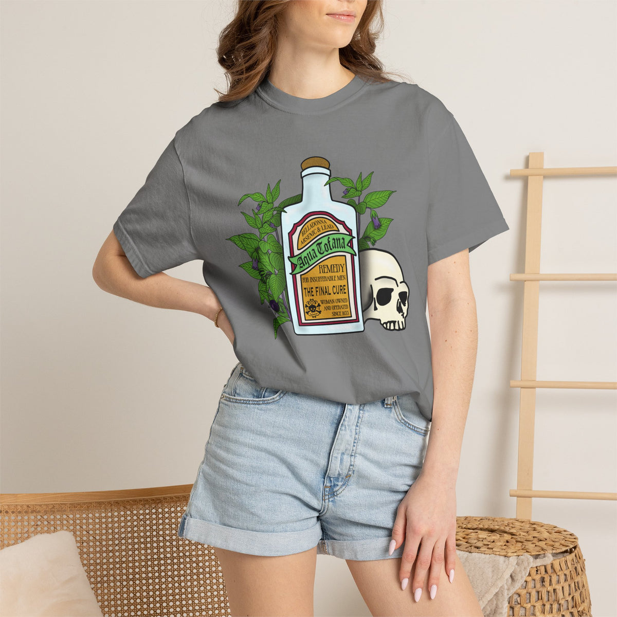 Skull & Remedy Bottle T-Shirt Aqua Tofana Vintage Apothecary Graphic Tee