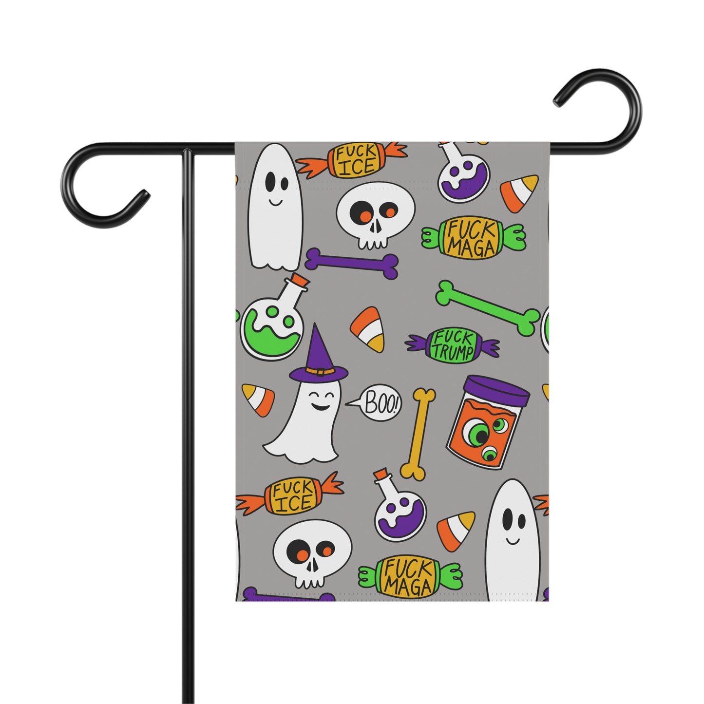 Halloween Political Garden Flag – Ghosts, Skulls & 'F**k Trump' Candy Pattern