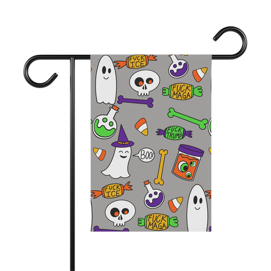 Halloween Political Garden Flag – Ghosts, Skulls & 'F**k Trump' Candy Pattern