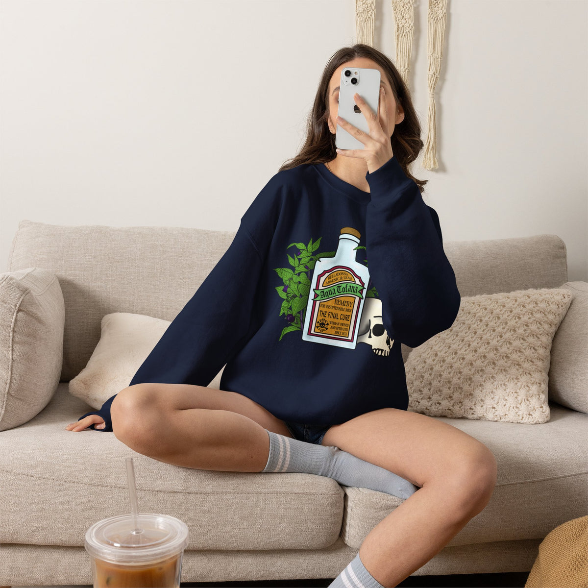 Crewneck Sweatshirt Aqua Tofana Apothecary Bottle & Skull Graphic