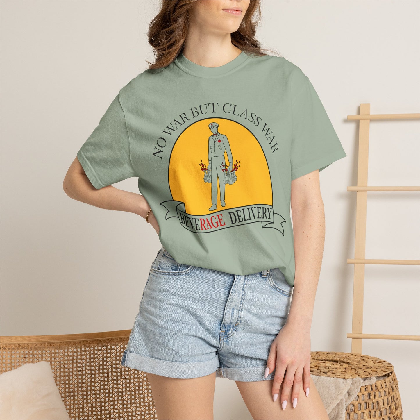 No War But Class War Beverage Delivery T-shirt | Delivery Worker Illustration
