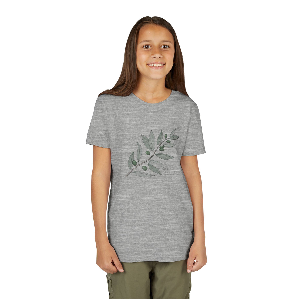 Youth Short Sleeve Tee with Olive Botanical Leaf Design