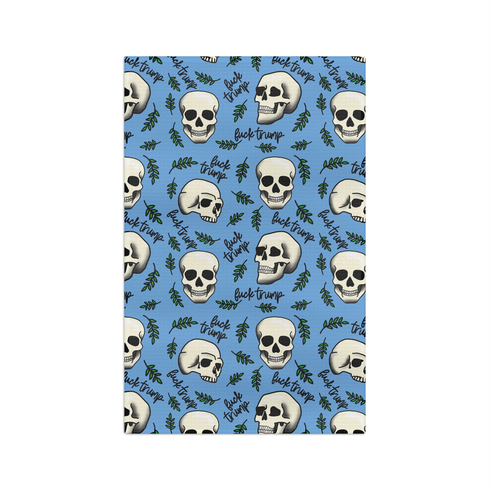 Slightly Subtle Skull Pattern with Leaves Blue microfiber tea towel ...