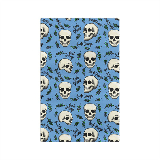 Slightly Subtle Skull Pattern with Leaves Blue microfiber tea towel | Halloween spooky kitchen decor