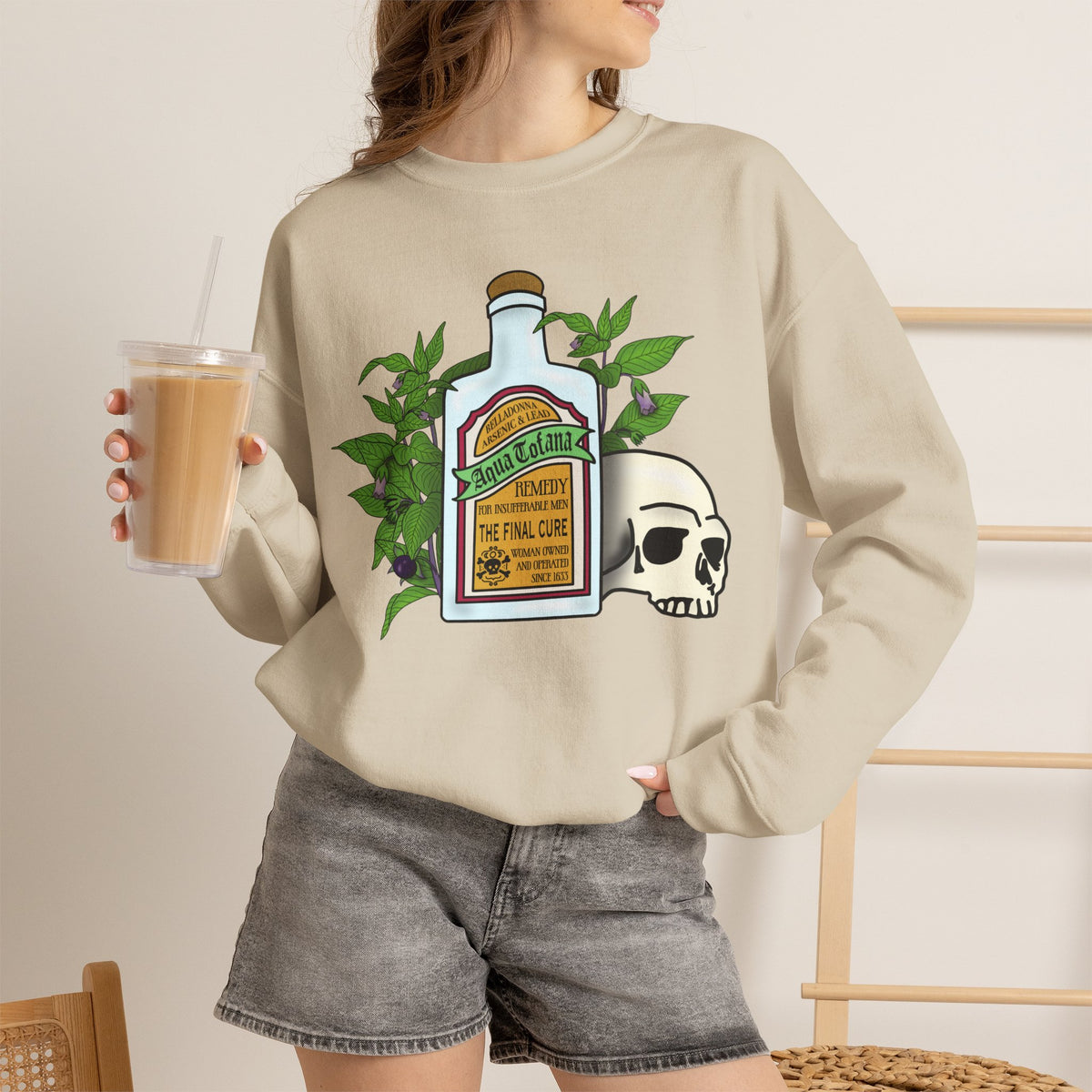 Crewneck Sweatshirt Aqua Tofana Apothecary Bottle & Skull Graphic