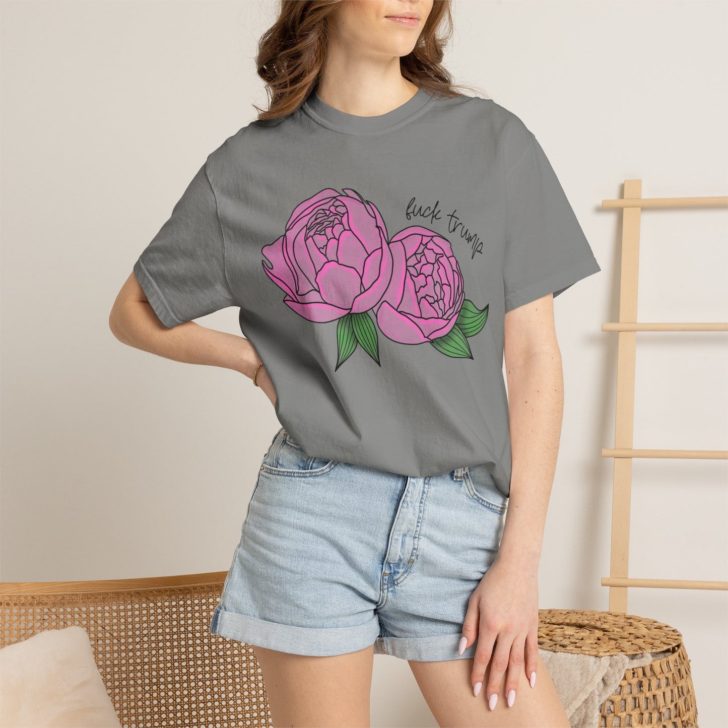 Slightly Subtle Pink Peony Floral Illustration T-shirt | Hand-drawn Blooms FDT