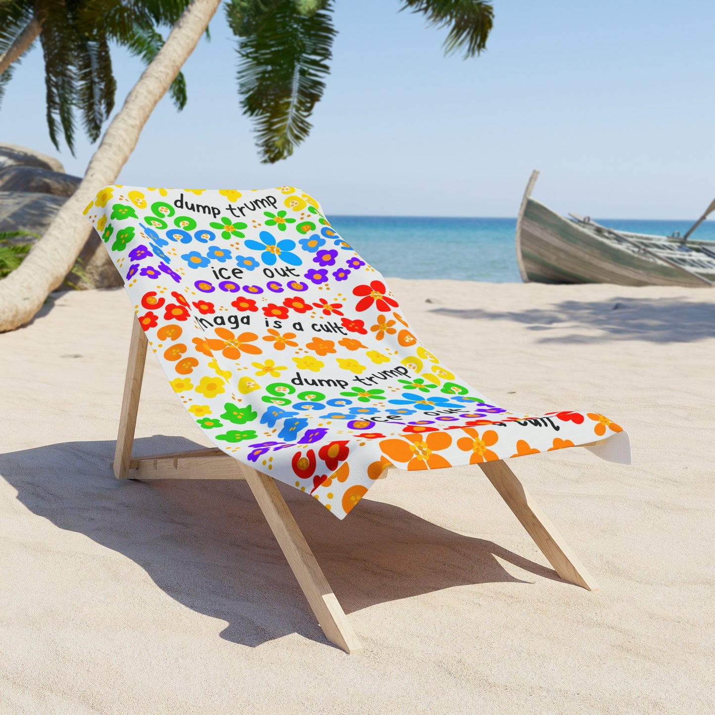 Rainbow Floral Political Slogan "Dump Trump / MAGA Is a Cult" Beach Towel
