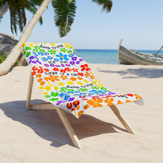 Rainbow Floral Political Slogan "Dump Trump / MAGA Is a Cult" Beach Towel