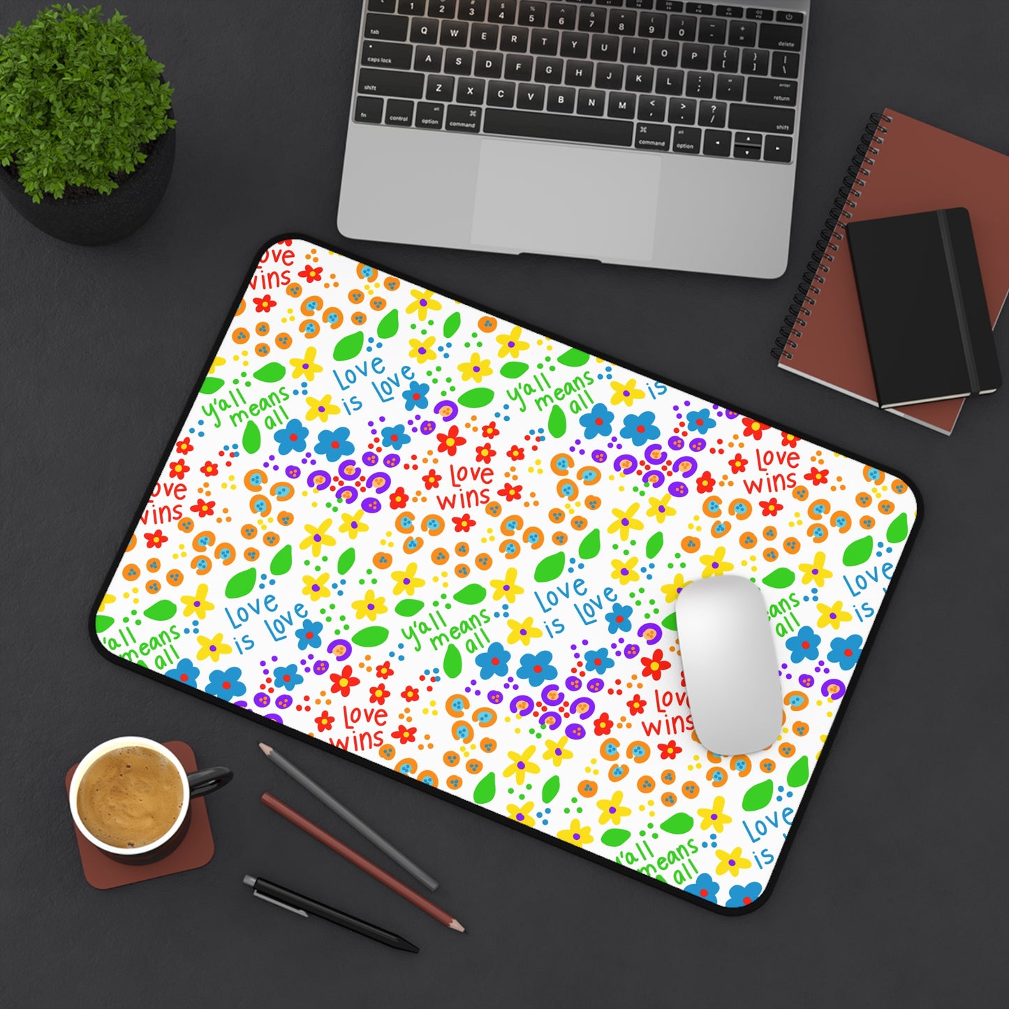 Love Wins Floral Pattern Desk Mat | Rainbow Flowers Pet Food Mat