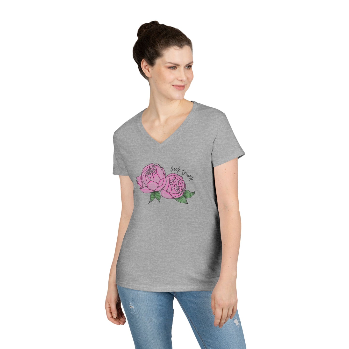 Pink Peony Illustration Ladies V-Neck Tee | Hand-Drawn Floral FDT