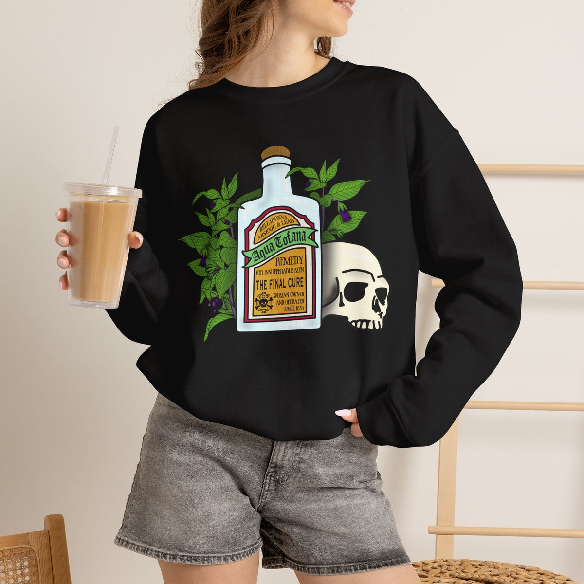 Crewneck Sweatshirt Aqua Tofana Apothecary Bottle & Skull Graphic