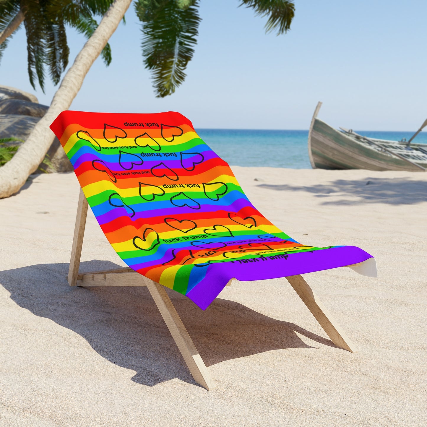 Slightly Subtle Pride Rainbow Beach Towel with Black Hearts, Fun and Bold LGBTQ+ Accessory, Summer Pool Towel, Beach Gift, Kick Trump Design
