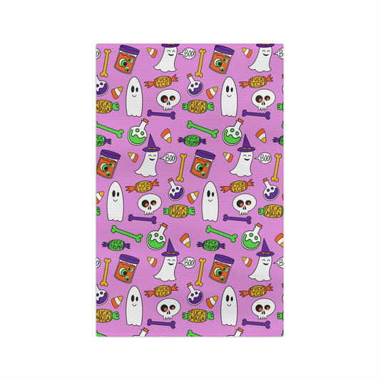 Halloween Ghosts & Candy Microfiber Tea Towel  Cute Spooky Kitchen Towel pink