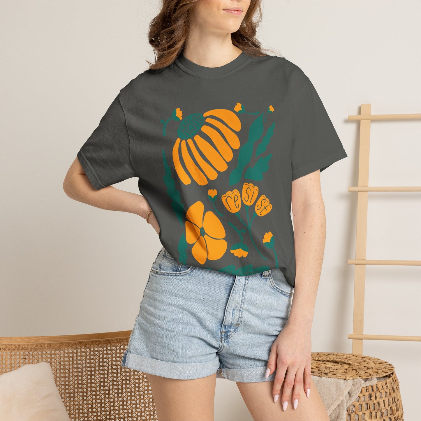 Floral Resist Tee — Retro Orange & Green Autumn Graphic T-Shirt