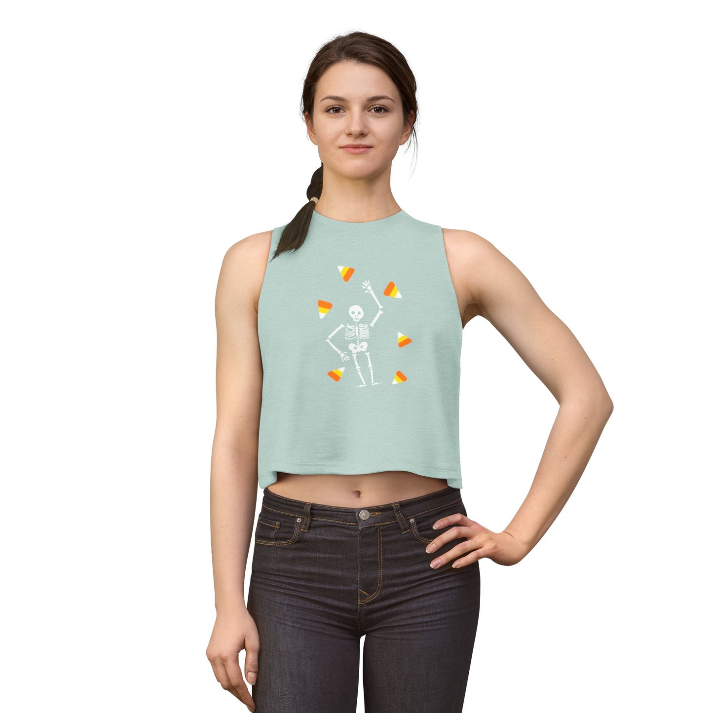 Halloween Candy Corn Skeleton Crop Top Tank