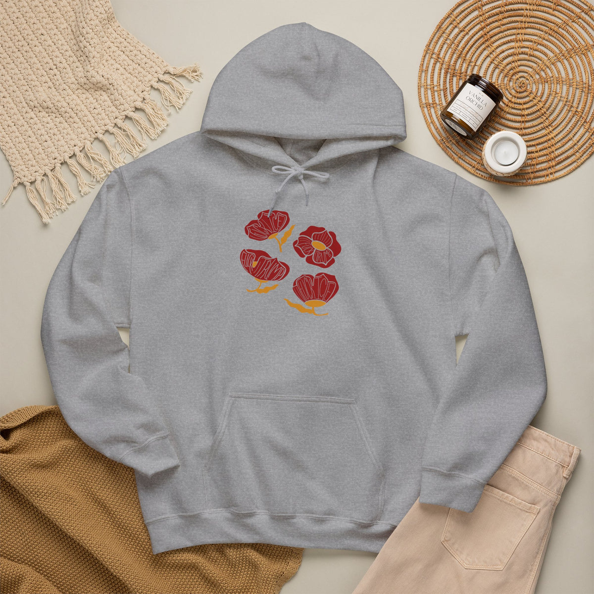 Slightly Subtle Red Poppy Flowers Hoodie | Floral Illustration, Minimal Line Art FDT