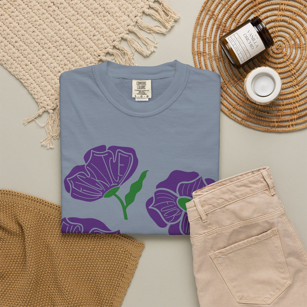 Slightly Subtle Purple Poppy Floral Print T-shirt | Hand-Drawn Flower Illustration FDT