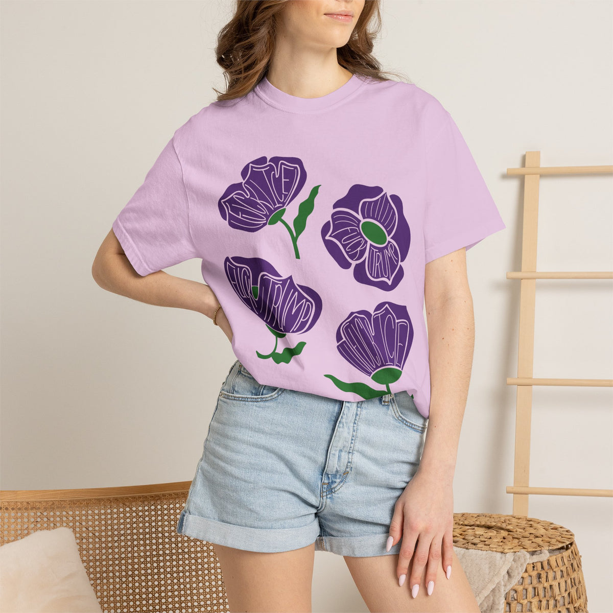 Slightly Subtle Purple Poppy Floral Print T-shirt | Hand-Drawn Flower Illustration FDT