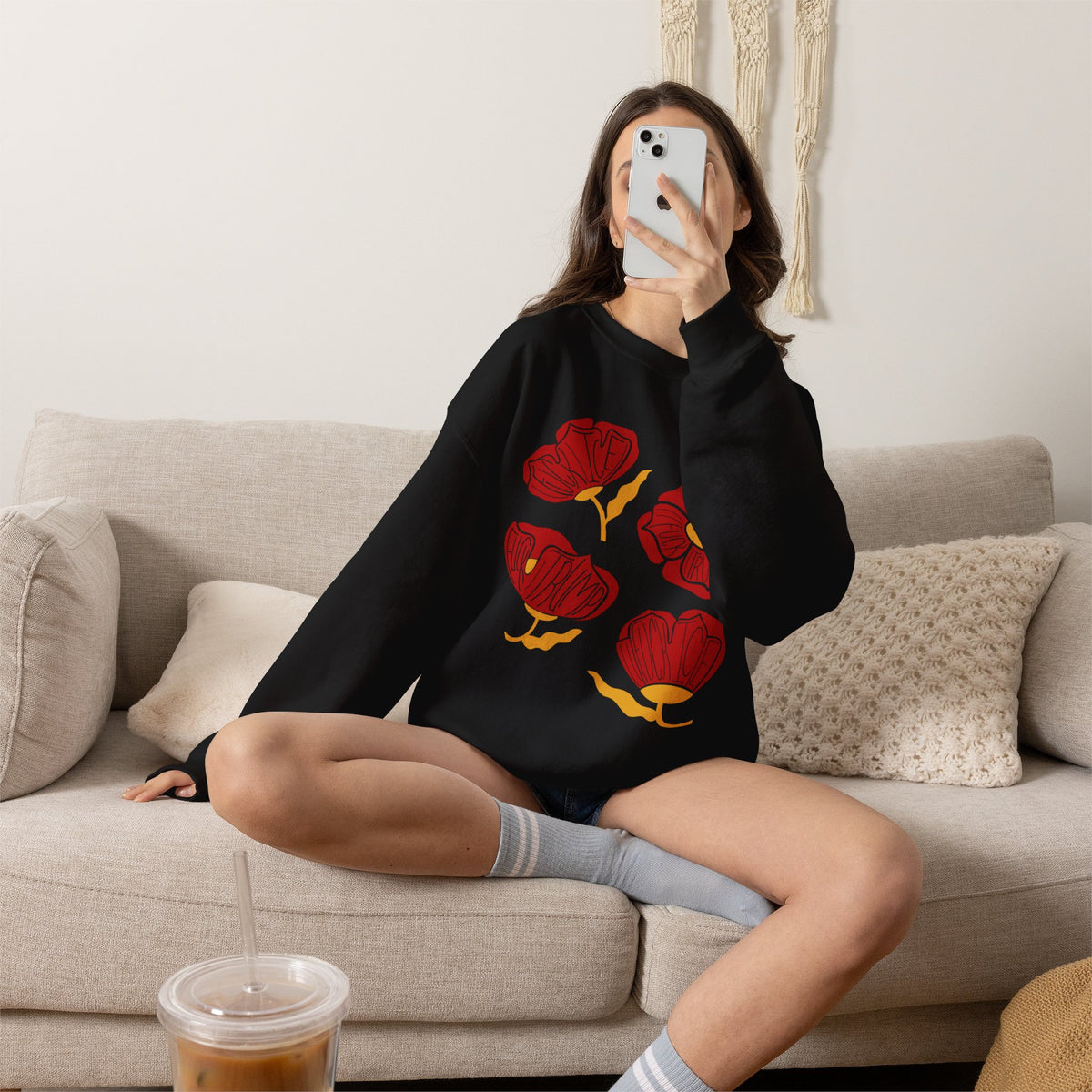 Slightly Subtle Red Poppy Floral Illustration Sweatshirt | Hand-Drawn Blooms, Minimal Botanical FDT