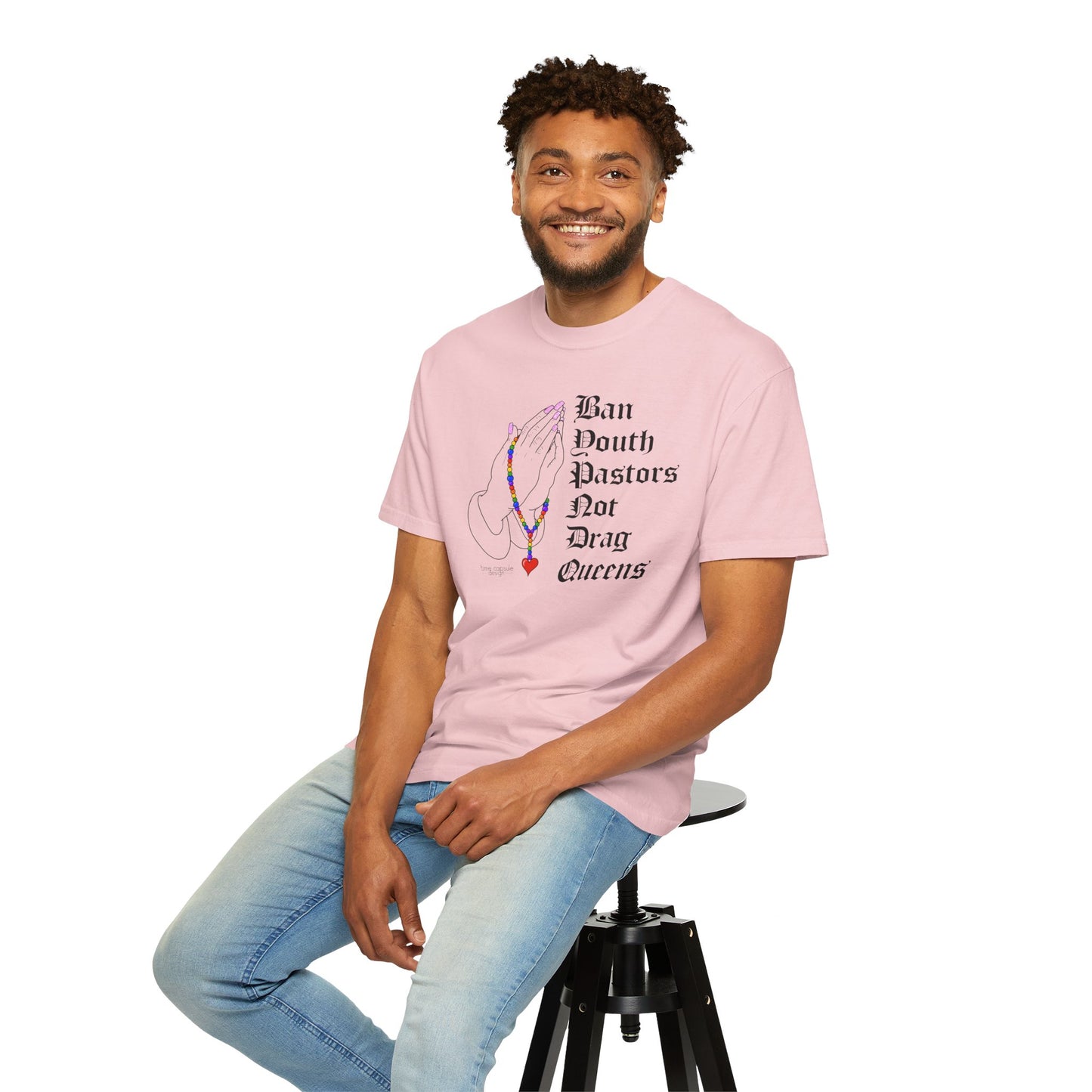 Ban South Pastors Not Drag Queens T-Shirt — Prayer Hands with Rainbow Rosary LGBTQ+ Ally Tee