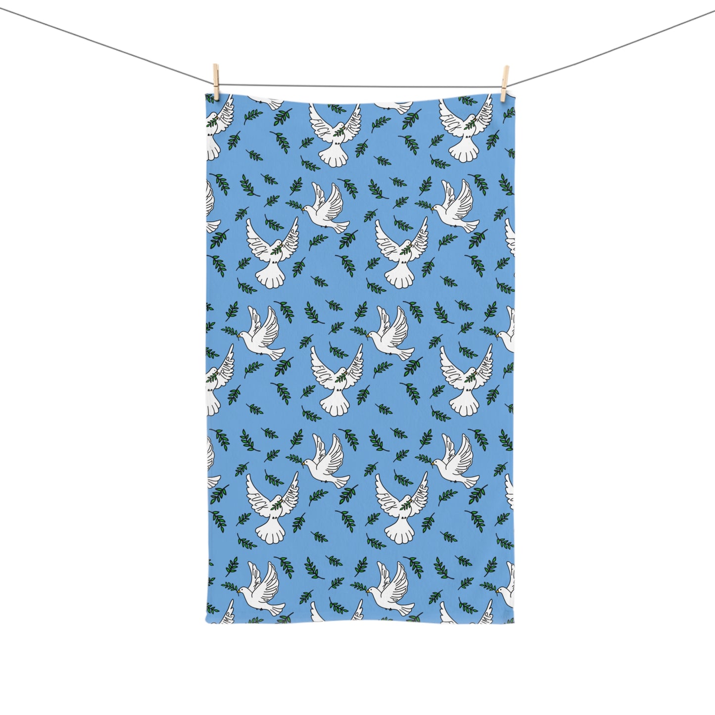 Slightly Subtle White Dove Pattern Hand Towel | Blue Olive Branch Motif