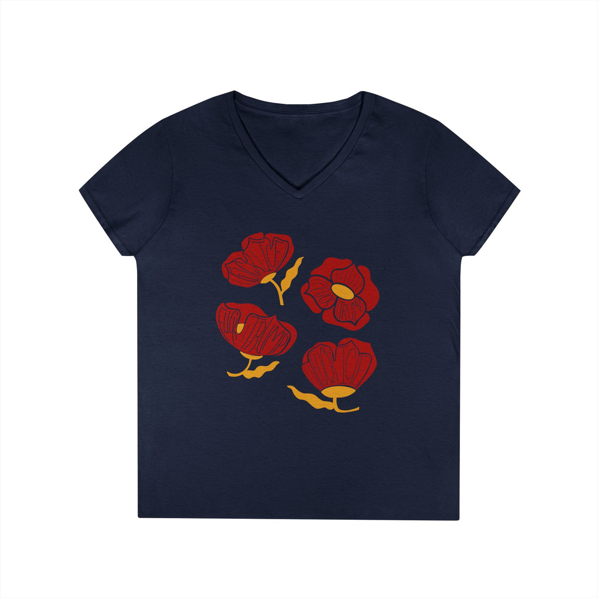 Slightly Subtle Red Poppies V-Neck T-Shirt | Floral Graphic Tee FDT
