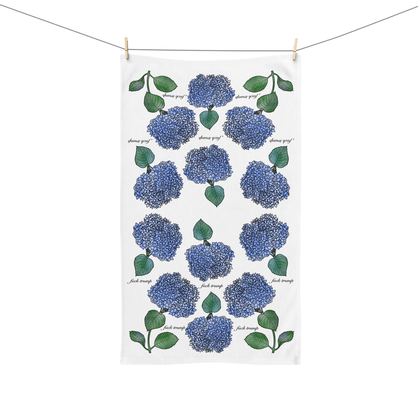 Slightly Subtle Hydrangea Towel on White, Floral Kitchen Decor, Gift for Gardeners, Blue Flower Towel, Spring Home Decor, Political Gag Gift