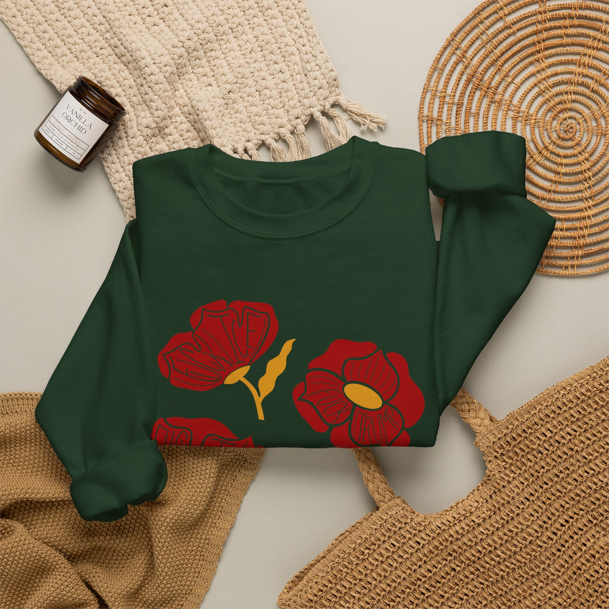 Slightly Subtle Red Poppy Floral Illustration Sweatshirt | Hand-Drawn Blooms, Minimal Botanical FDT