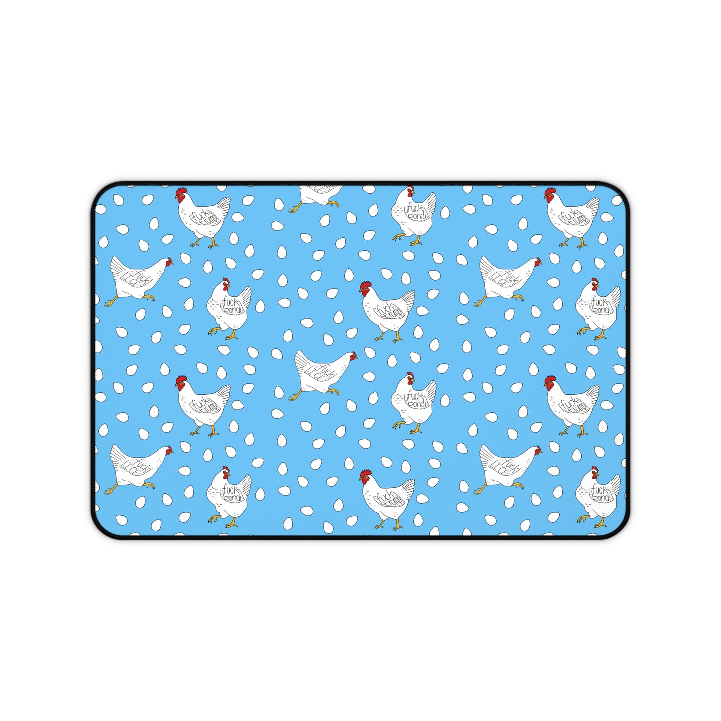 Slightly Subtle White Hen Pattern Desk Mat | Blue Chicken Eggs Pet Food Mat