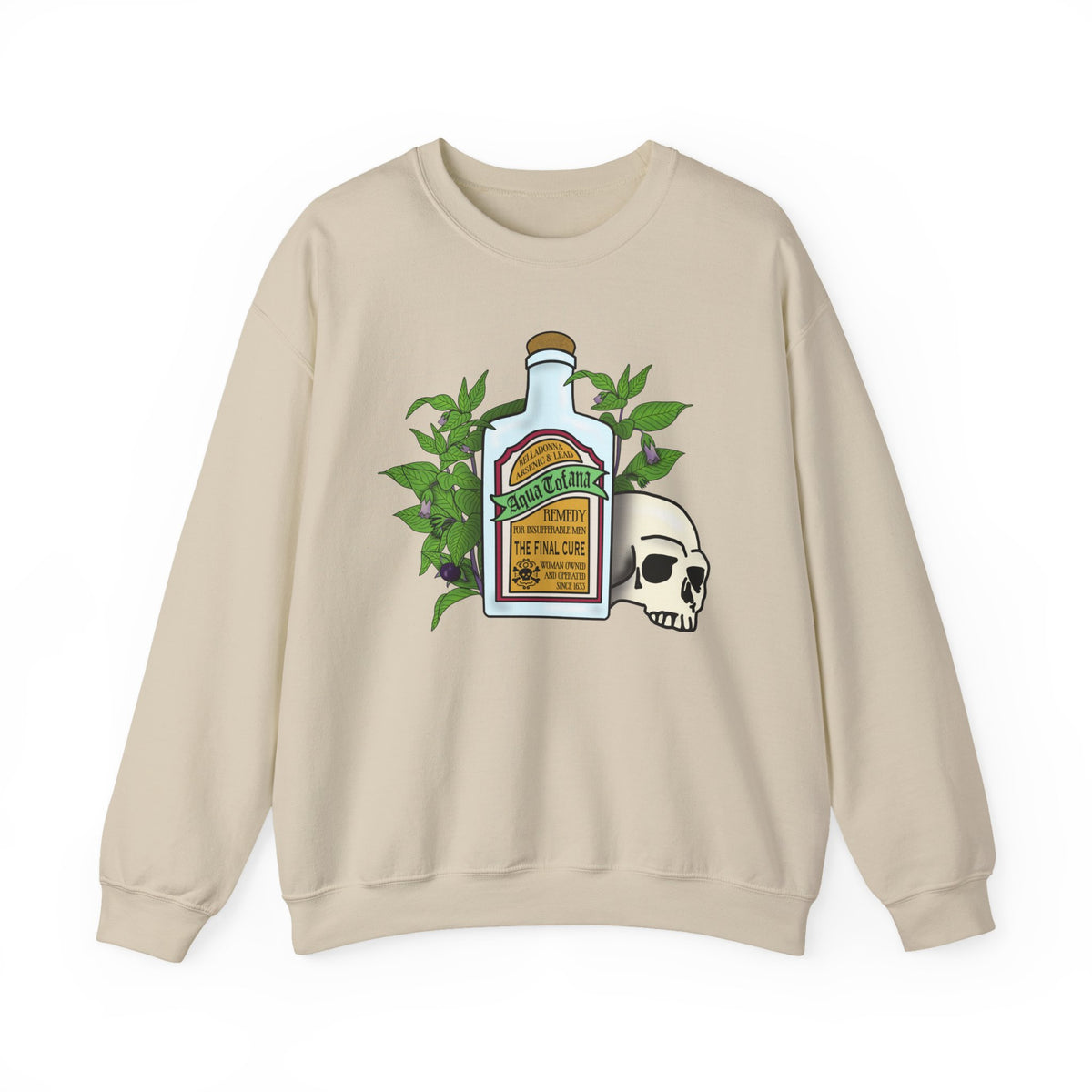 Crewneck Sweatshirt Aqua Tofana Apothecary Bottle & Skull Graphic