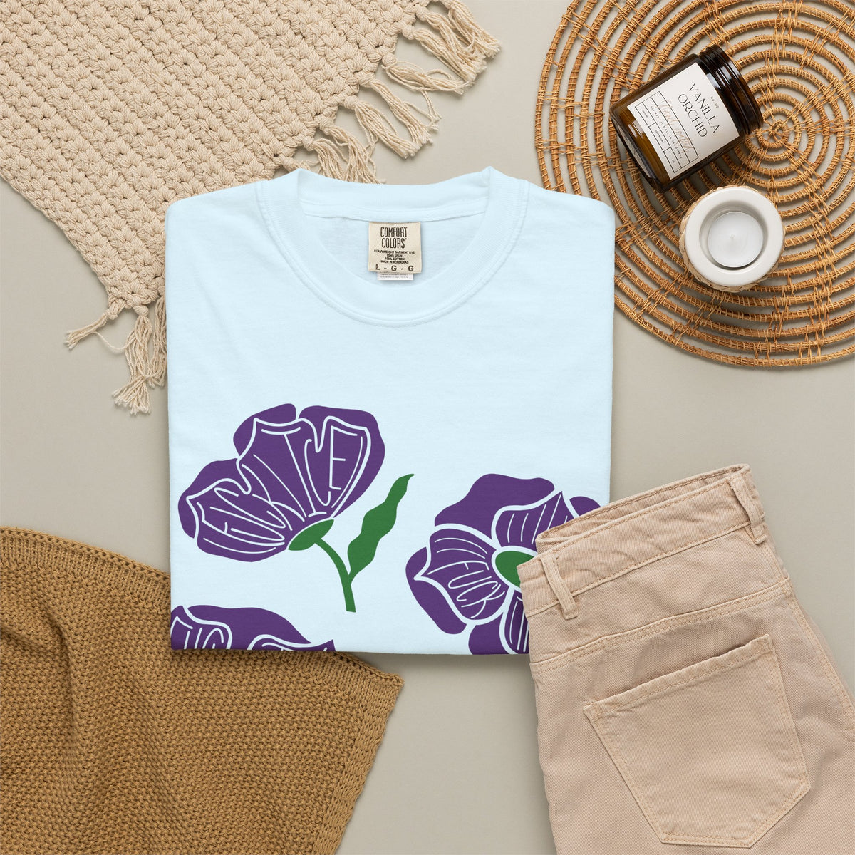 Slightly Subtle Purple Poppy Floral Print T-shirt | Hand-Drawn Flower Illustration FDT
