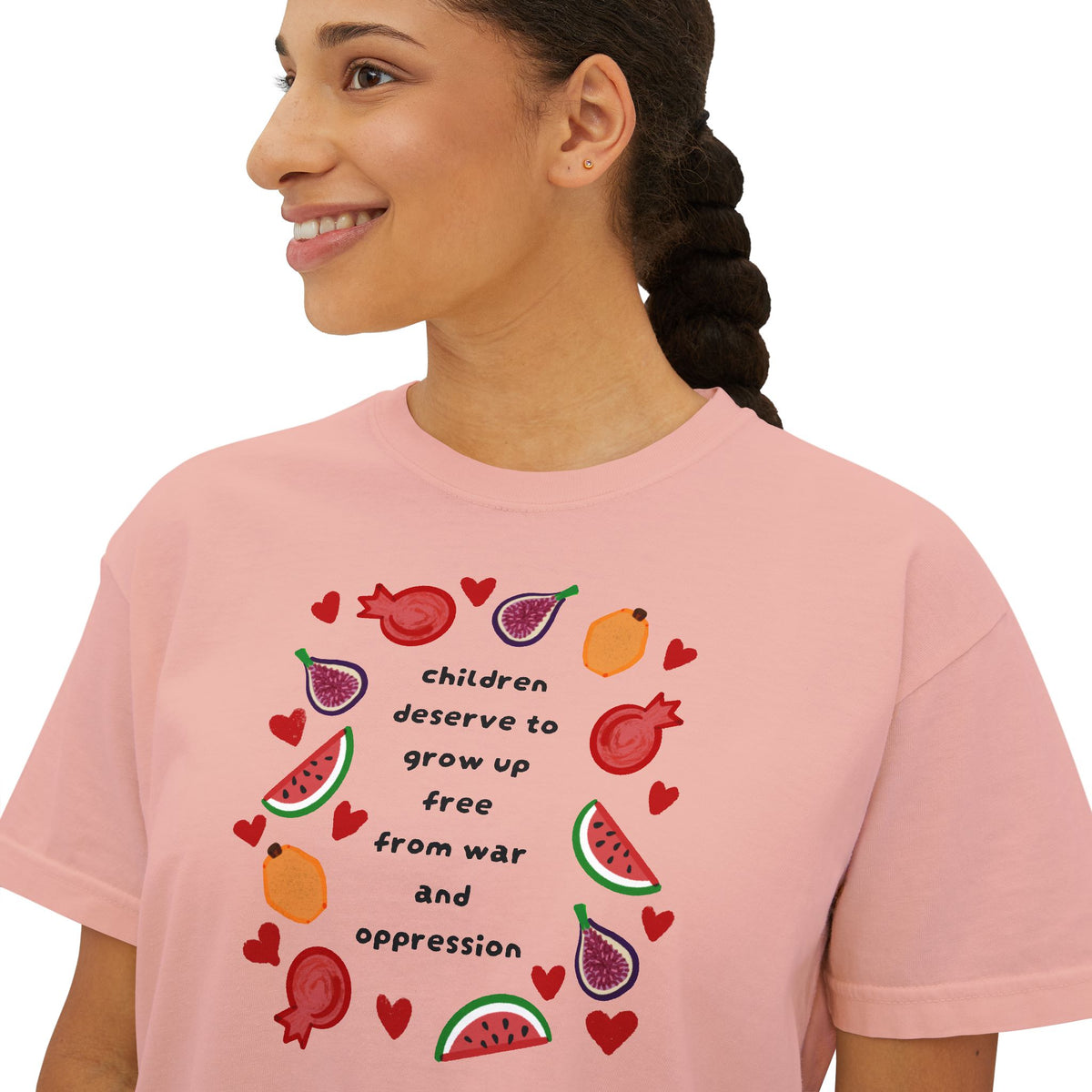 Women’s Boxy CROP Tee "Children Deserve to Grow Up Free From War and Oppression" Peaceful Fruit Graphic
