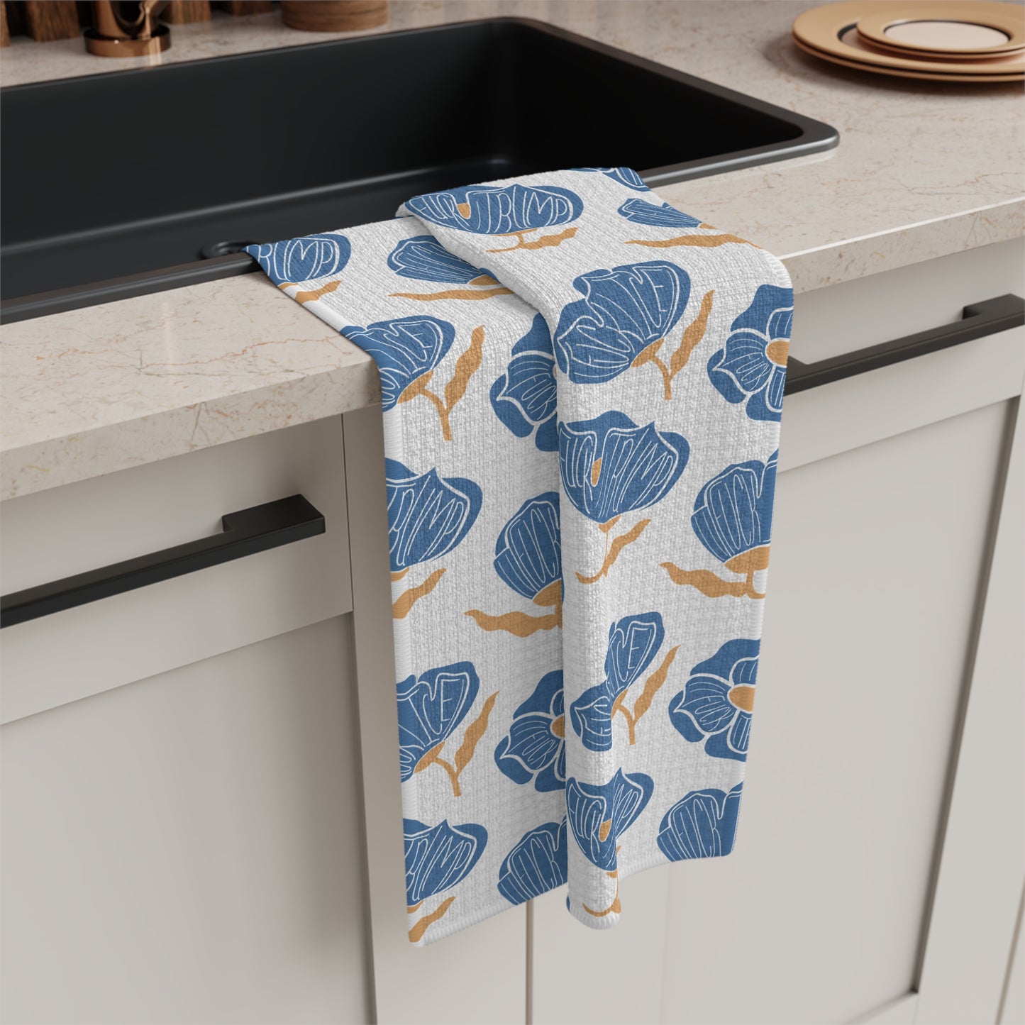 Slightly Subtle Blue Poppy Floral Pattern Microfiber Tea Towel | Botanical Kitchen Linen