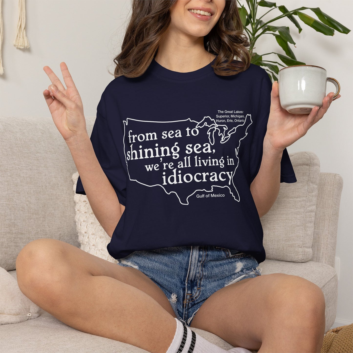 Idiocracy Map T-Shirt  'From sea to shining sea we are living in idiocracy' Minimal Political Tee Great Lakes Gulf of Mexico