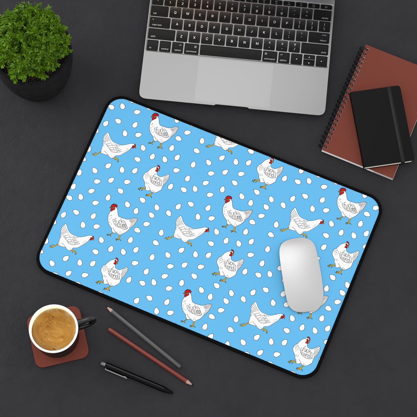 Slightly Subtle White Hen Pattern Desk Mat | Blue Chicken Eggs Pet Food Mat