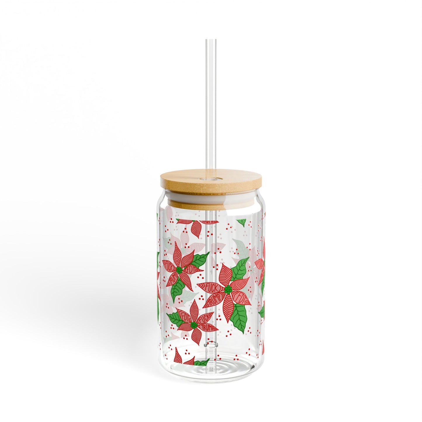 Slightly Subtle Poinsettia Pattern Sipper Glass | 16oz Holiday Floral Drinkware