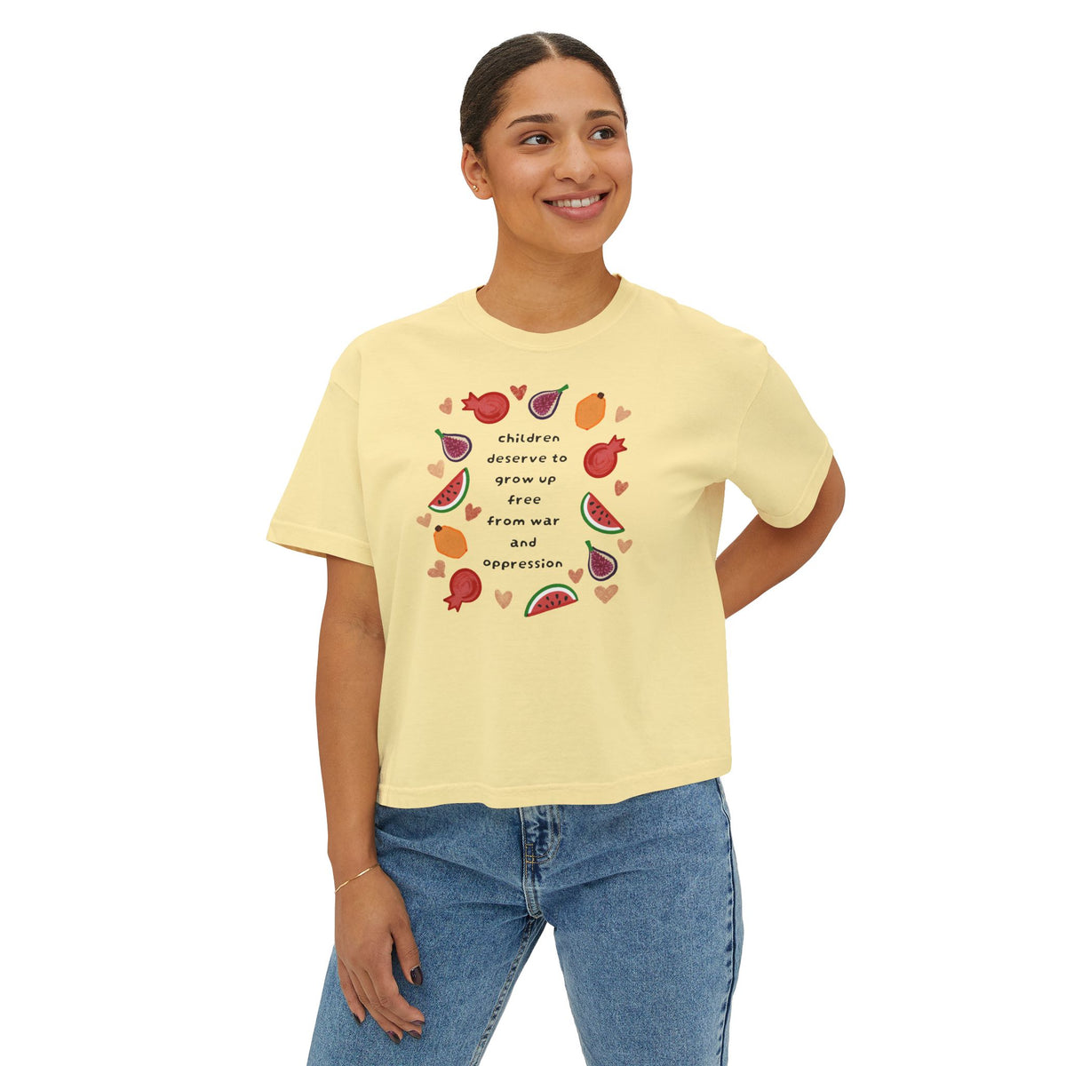 Women’s Boxy CROP Tee "Children Deserve to Grow Up Free From War and Oppression" Peaceful Fruit Graphic