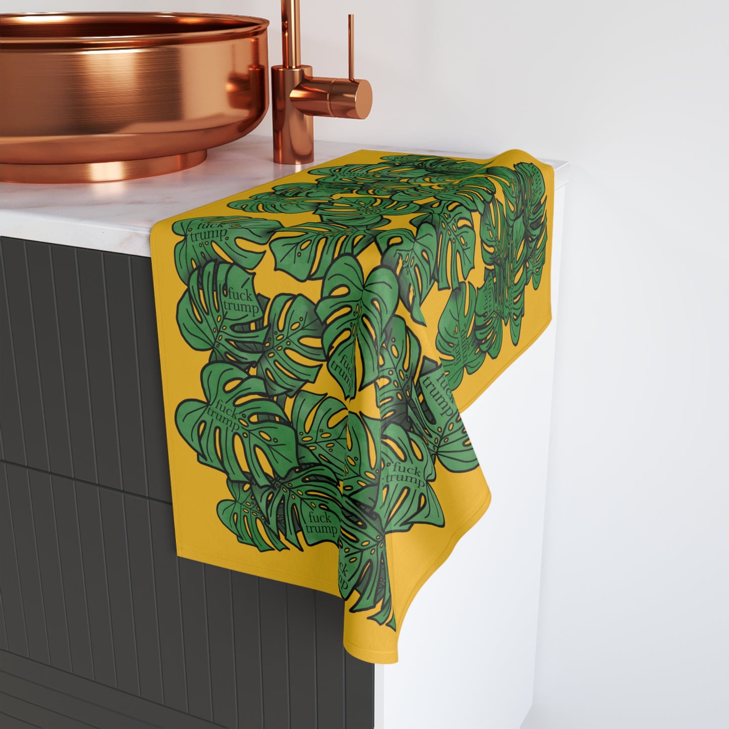 Slightly Subtle Tropical Monstera Yellow Hand Towel, Botanical Kitchen Bathroom Decor, Leafy Print Towel, Gift for Plant Lovers, Political Gag Gift